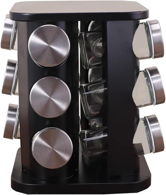 Spice Rack, Spice Rack Organizers for Countertop, Rotating Countertop Spice Rack, Revolving Spice Rack for Kitchen, Kitchen Gadgets, Organizer Rack with Spice Jars (Black, SquareHead_12Jars)