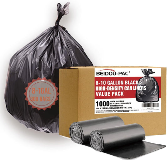8-10 Gallon Trash Bags, 1000 Count Bulk Value Pack, Black Garbage bags, Multi-purpose Trash Can Bin Liners for Bathroom, Office, Industrial, Commercial, Janitorial, Municipal, Recycling