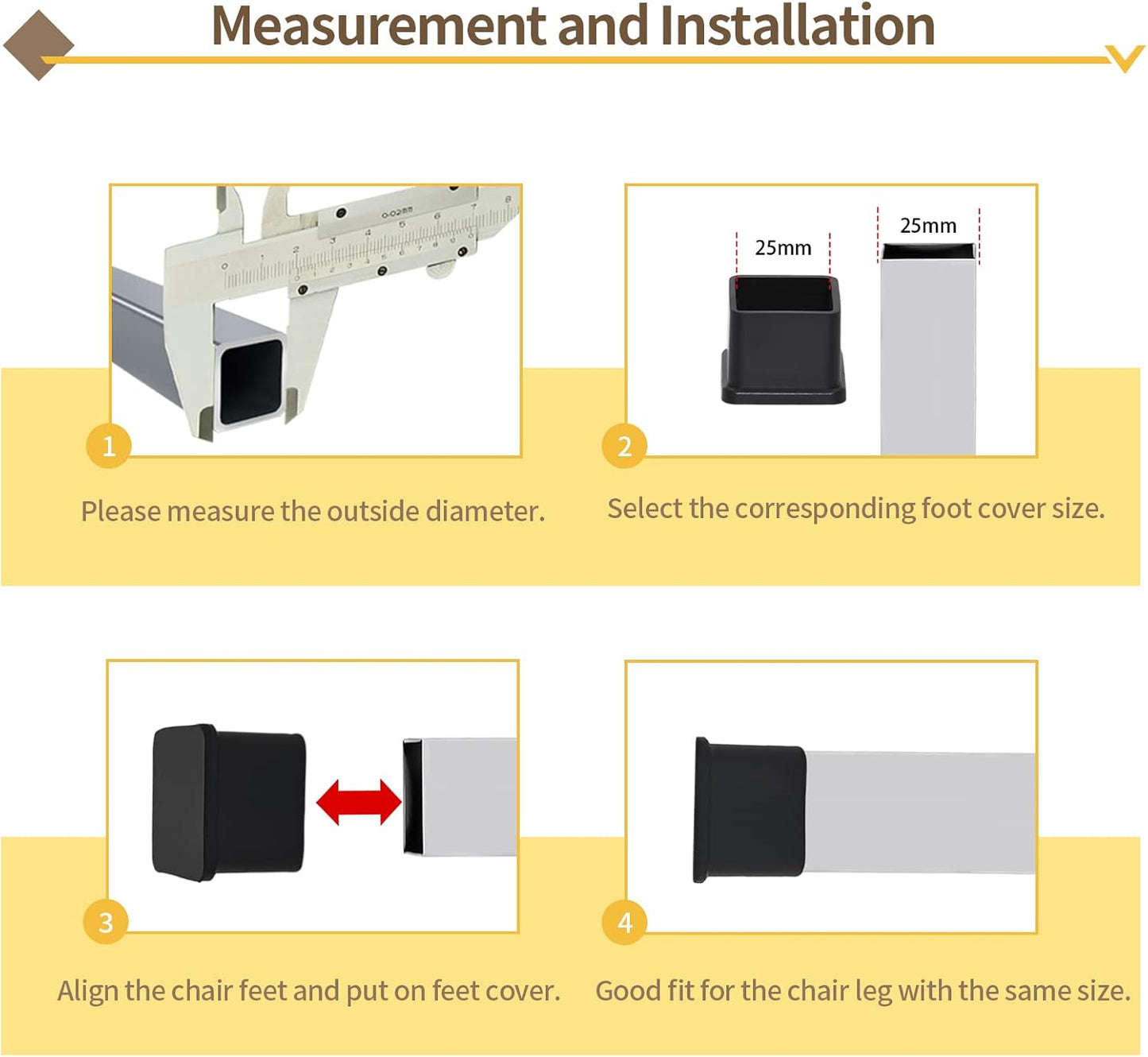 Flyshop Durable Non-Marking Silicone Chair Leg Caps Tips Floor Protectors Square Furniture Table Leg Covers, 20pcs, Black, 25 mm x 25 mm, 1" x 1"