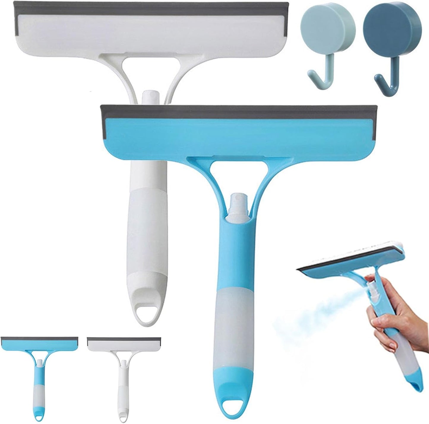 3 in 1 Window Cleaning Scraper, 3 in 1 Window Cleaner Squeegee, Scraper for Cleaning Windows, All-Purpose Window Squeegee with Sprayer for Glass, Wall, Kitchen, Car (White+Blue)