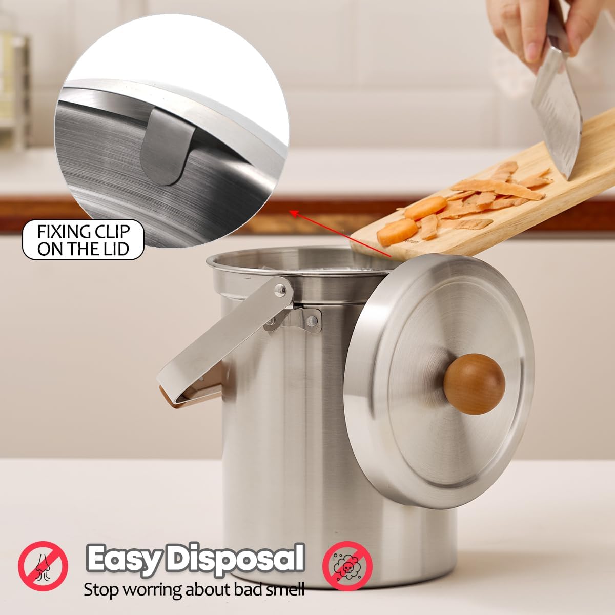 Kitchen Countertop Compost Bin 101ounces / 3Liters with Airtight Lid, SUS304 Stainless Steel Odor-Free Food Waste Bin with Wooden Handle Stylish Design/Bathroom Trash Can (Silver)