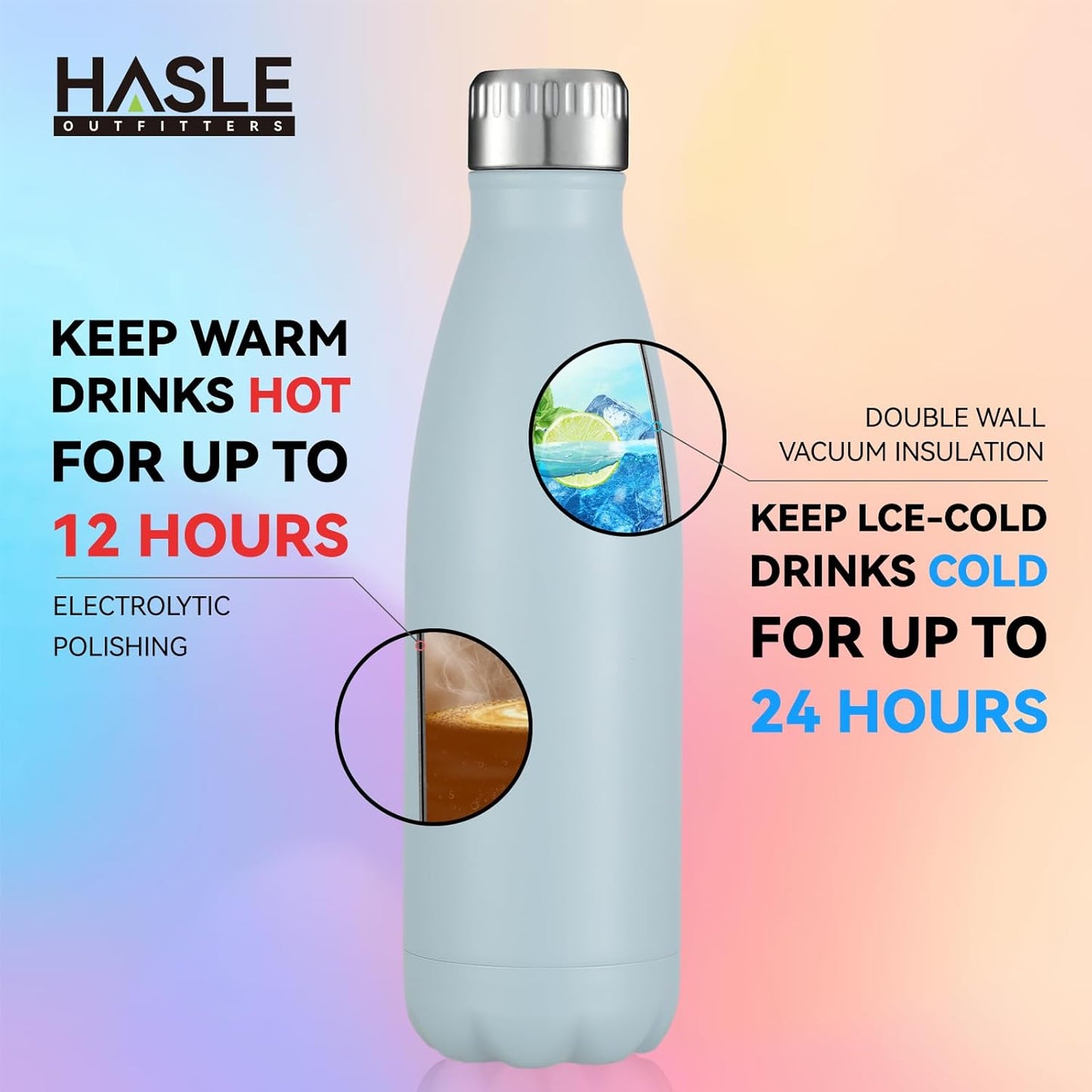 HASLE OUTFITTERS 17oz Stainless Steel Water Bottles Bulk, Vacuum Insulated Water Bottles Double Walled Reusable Metal Sports Water Bottles Keep Drinks Hot and Cold, Light Blue, 4Packs