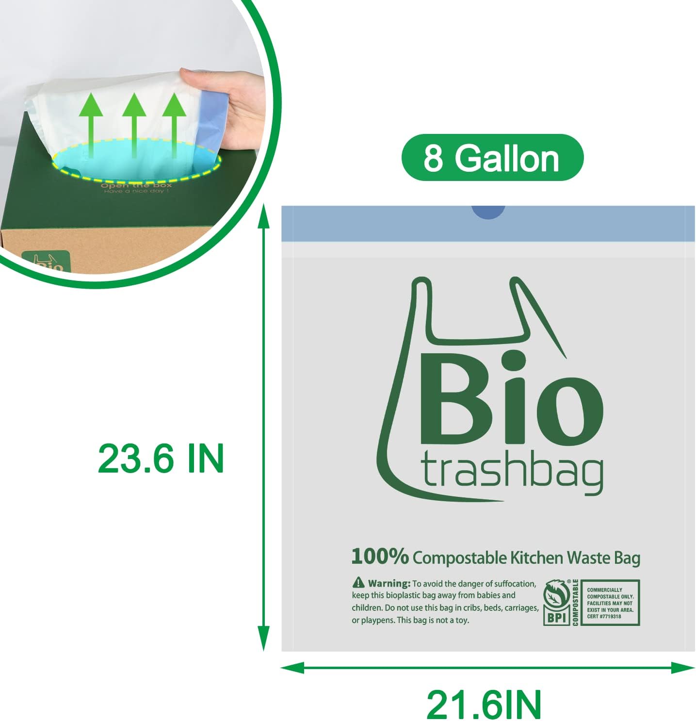 8 Gallon Compostable Trash Bags, 100 Count Drawstring Trash Bags Biodegradable, Heavy Duty Extra Thick Compost Bags, Kitchen Food Scrap Waste Bag, US BPI and OK Compost Home Certified
