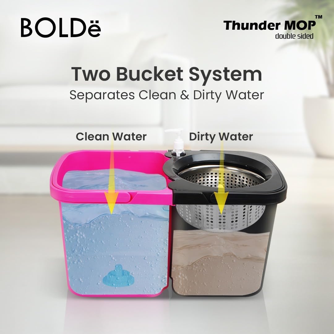 Thunder Mop Spin System - 2 Compact Stackable 6L Buckets, Microfiber Head, Stainless Steel Wringer, Antifungal Quick-Dry Cleaning, Soap Dispenser, 3 Free Refills (Black/Grey)