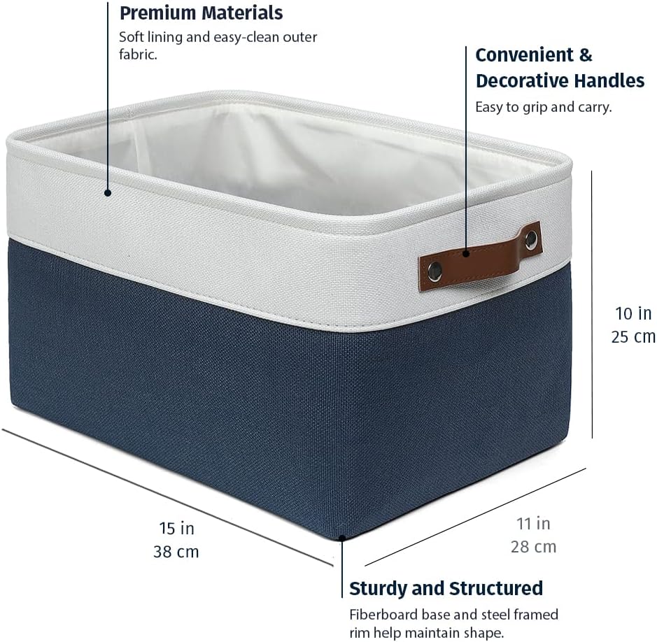 OrganiHaus Large Fabric Storage Baskets for Shelves 3 Pack, 15x11in Closet Storage Bins for Shelves, Cloth Baskets for Organizing, Linen Closet Organizers, Fabric Basket - Navy Blue/White