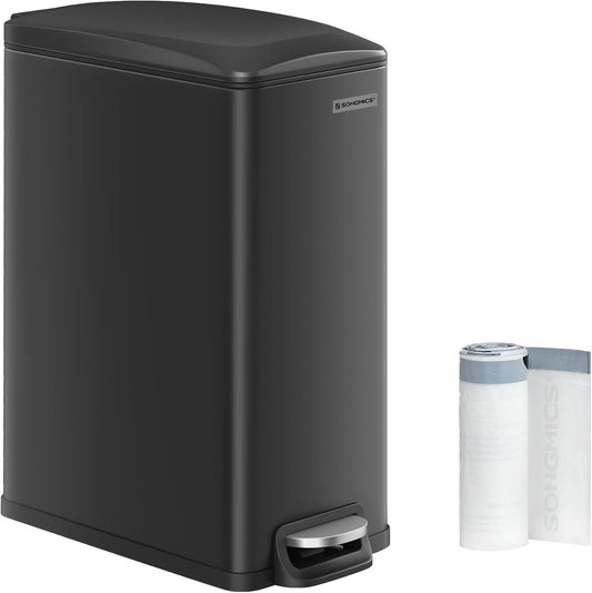 SONGMICS Slim Trash Can, 13-Gallon (50 L) Garbage Can for Narrow Spaces with Soft-Close Lid, Inner Bucket, and Step-on Pedal, Stainless Steel, 15 Trash Bags Included, Black ULTB510B48
