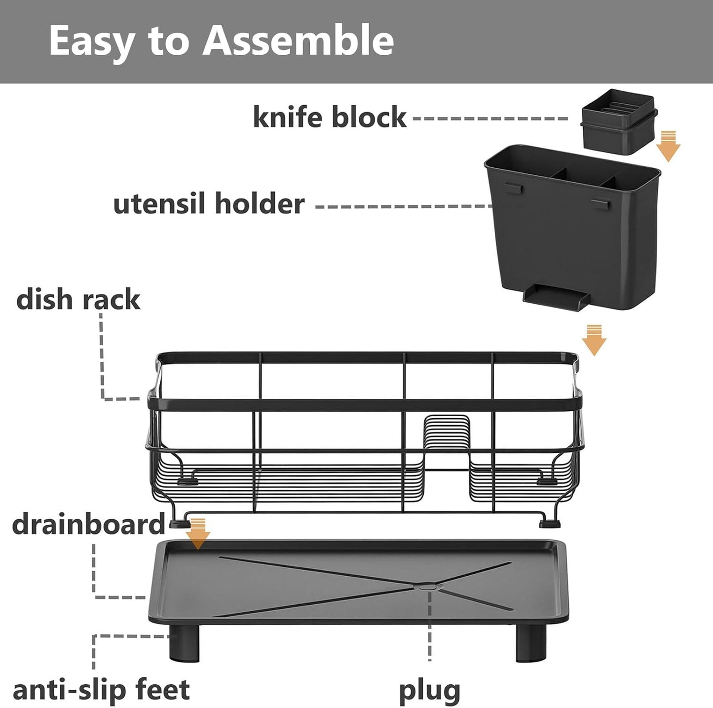 Iron Dish Drying Rack Auto Drain Dish Drainers Kitchen Counter Strainer with Draining Tray, All Black