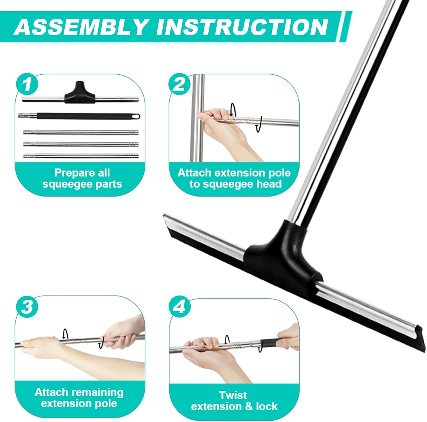 Floor Squeegee Scrubber 59" Long Stainless Steel Handle with 10" Wide Silicon Rubber Blade for Floor Washing and Drying Shower Glass, Garage, Windows, Marble, Wood Surfaces