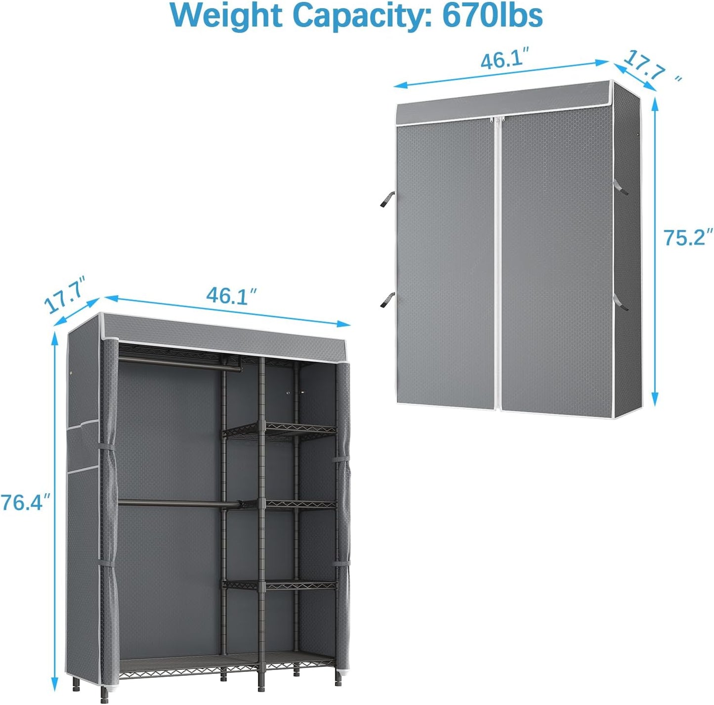 VIPEK V7C Garment Racks with Cover Portable Closets for Hanging Clothes, Heavy Duty Clothes Rack with Shelves Metal Closet Wardrobe, Max 670lbs, Black Rack with Grey Upgraded Polyester Cover