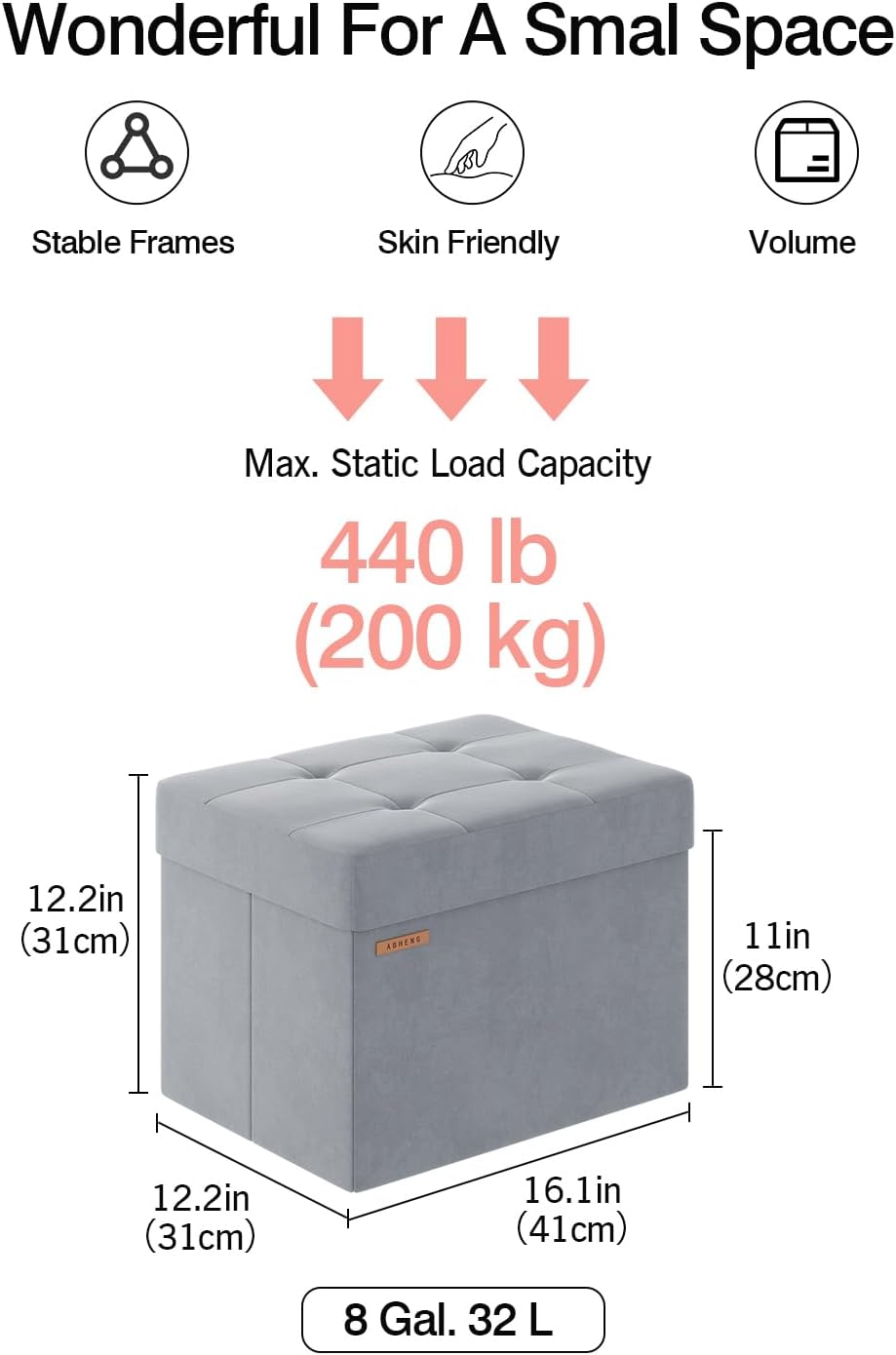 Folding Storage Ottoman, Velvet Storage Bench, Footrest, Foot Stool, for Living Room, Bedroom and Office,12.2 x 16.1 x 12.2 Inches, 200 kg Load Capacity, Dove Gray UASND03G