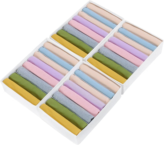 4 Packs T-shirt Drawer Organizers for Clothing,8 Grids Compartment Wardrobe Storage Box, Washable Clothes Organizer for Folded Clothes, T-shirt, Legging, Silk Scarve-White