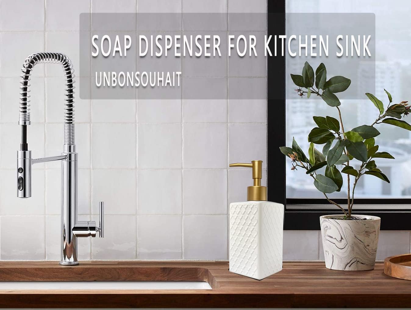 Gold Soap Dispenser for Bathroom,Retro White Square Lotion Dispenser, Refillable Countertop Ceramic Hand Soap Dispenser,Dish Soap Dispenser for Kitchen 350ml(Relief White Square Bottle)