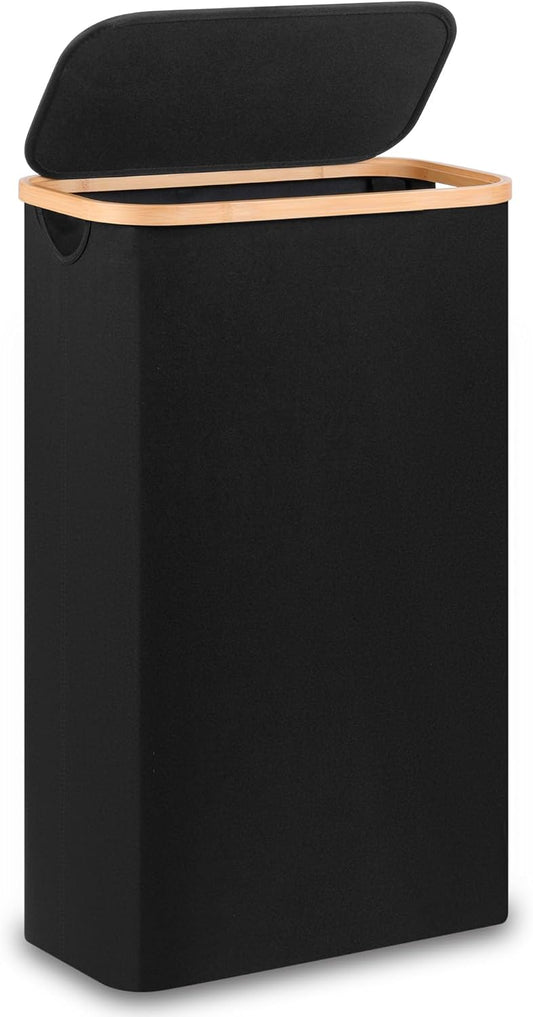 60L Slim Laundry Hamper,Laundry Basket with Lid,Tall Hamper for Laundry,Dirty Cloth Hamper with Bamboo Handle for Toys,Towels, Clothes Organizing,Black