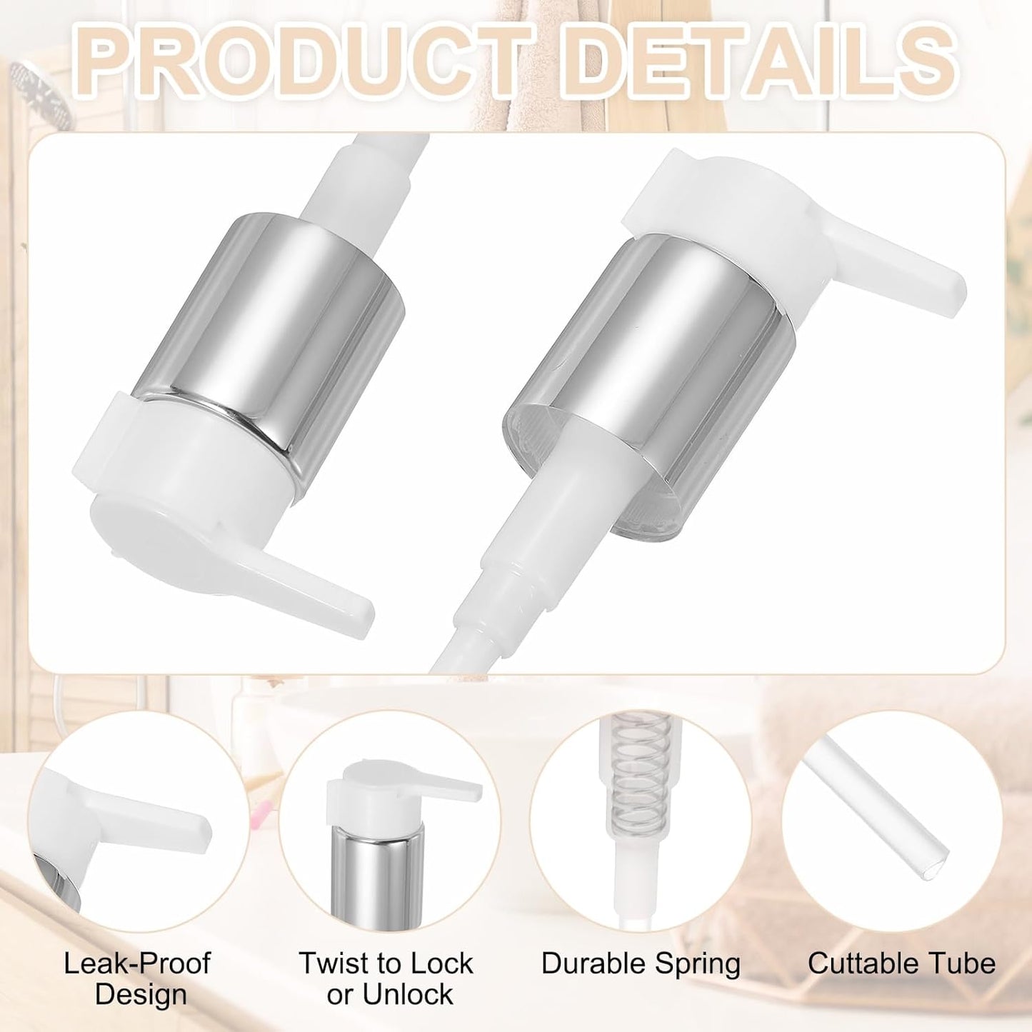 uxcell 4 Pcs Soap Dispenser Pump Heads, Hand Soap Dispensers Top Pumps Replacement Clip-on Pumphead for Standard 24/410 Neck Size Bathroom Lotion Shampoo Bottle, Silver White