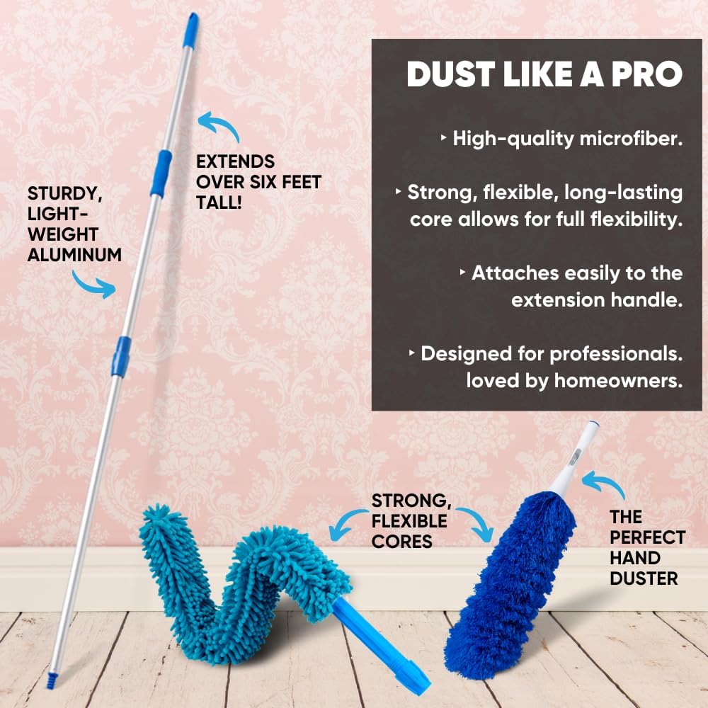 Extendable Duster - Microfiber Duster Kit: Ceiling, Fans, Baseboards, Cob Webs, Telescoping, Reusable & Washable, Feather & Chenille Dusters, 6ft. Adjustable Handle