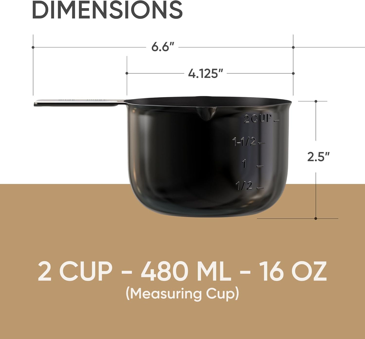 Color Up 2 Cup Measuring Cup, 480ml Black Stainless Steel Metal Measuring Scoop, Easy-Pour Spouts, Engraved Markings, for Dry & Liquid Ingredients