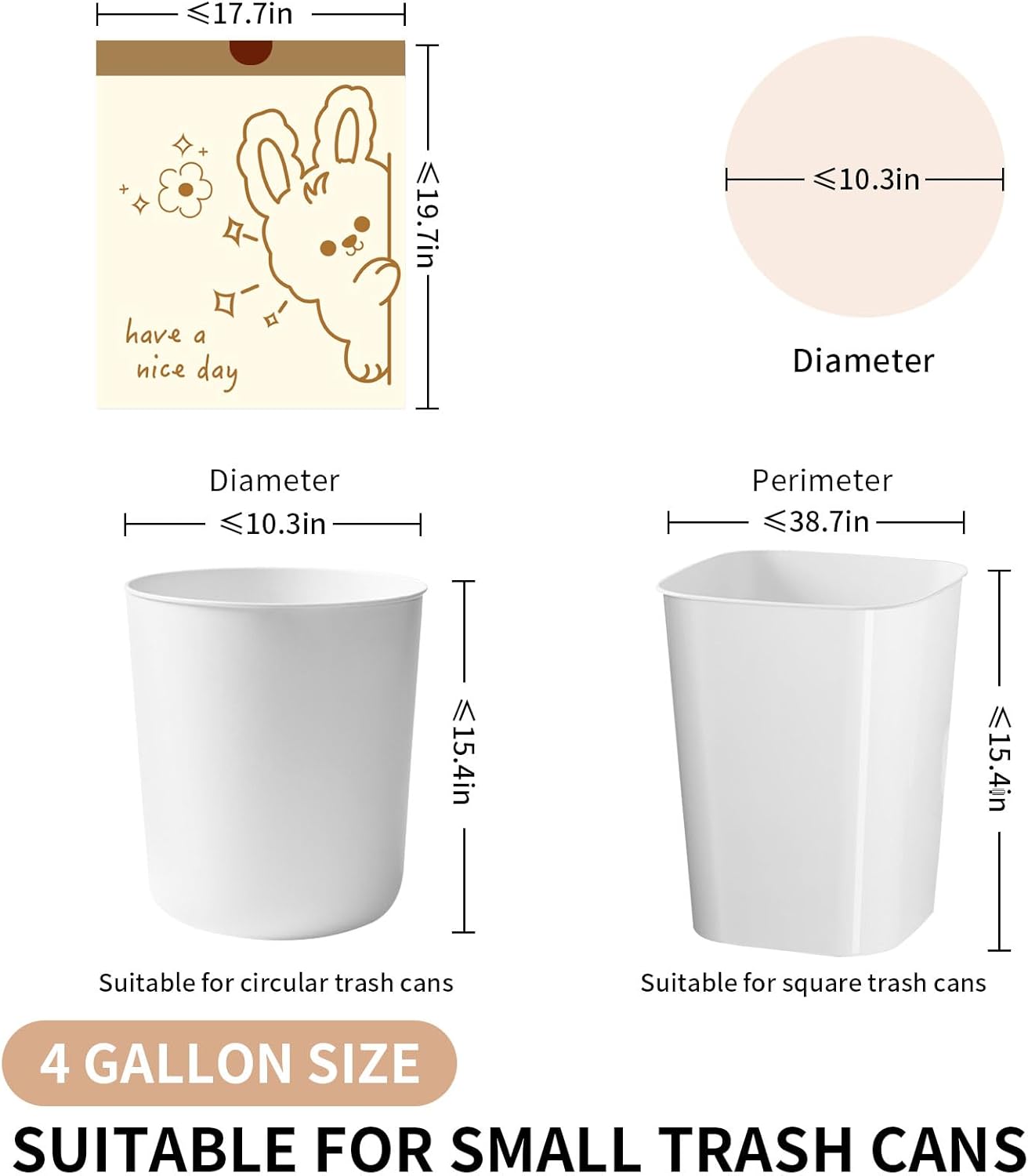 4 Gallon Trash Bags with Cute Rabbit Printed & Drawstring, Tear-Resistant Small Bathroom Garbage Bags, Heavy-Duty Trash Can Liners for Home/Office, 60 Counts