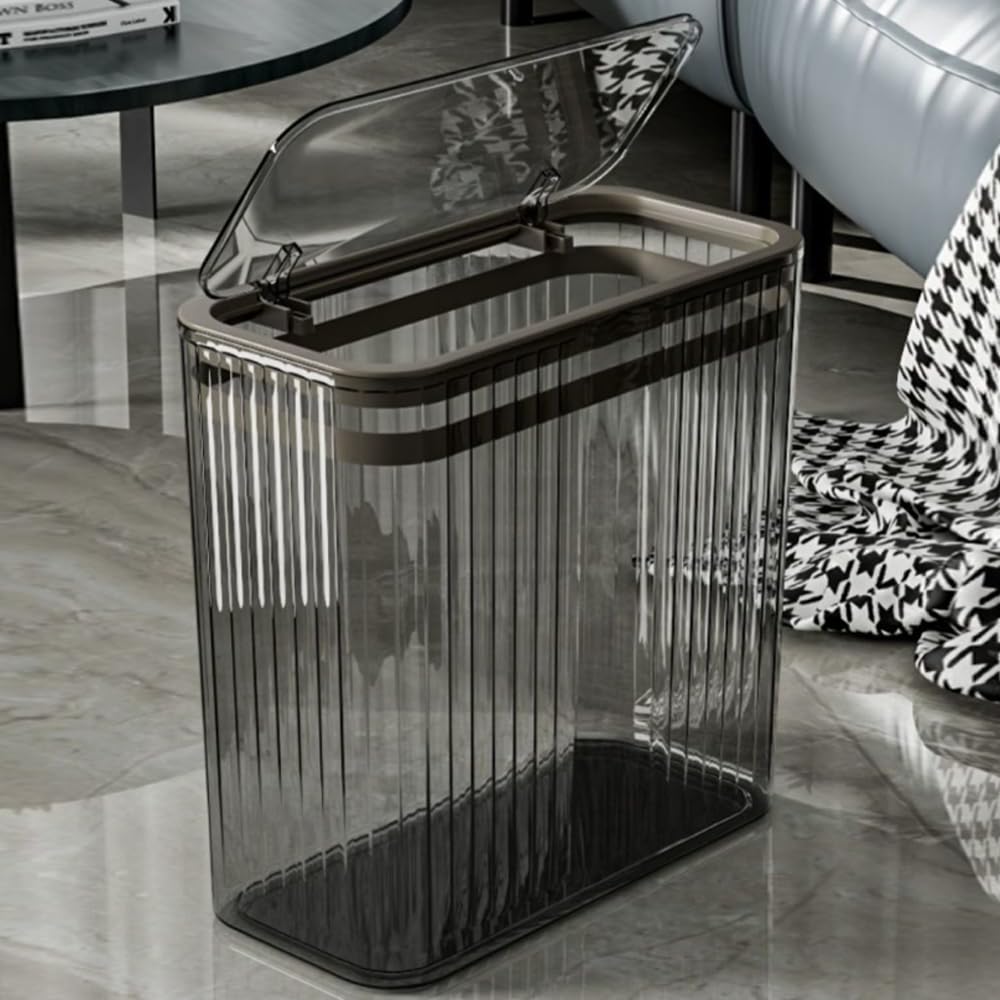 Transparent Trash Can, Bathroom Trash Cans with Lids, 3.5 Gallon Garbage Can for Bedroom, Office, Plastic Slim Waste Basket with Press Top Lid, 15L Clear Trash Bin for Home, Kitchen (Gray)