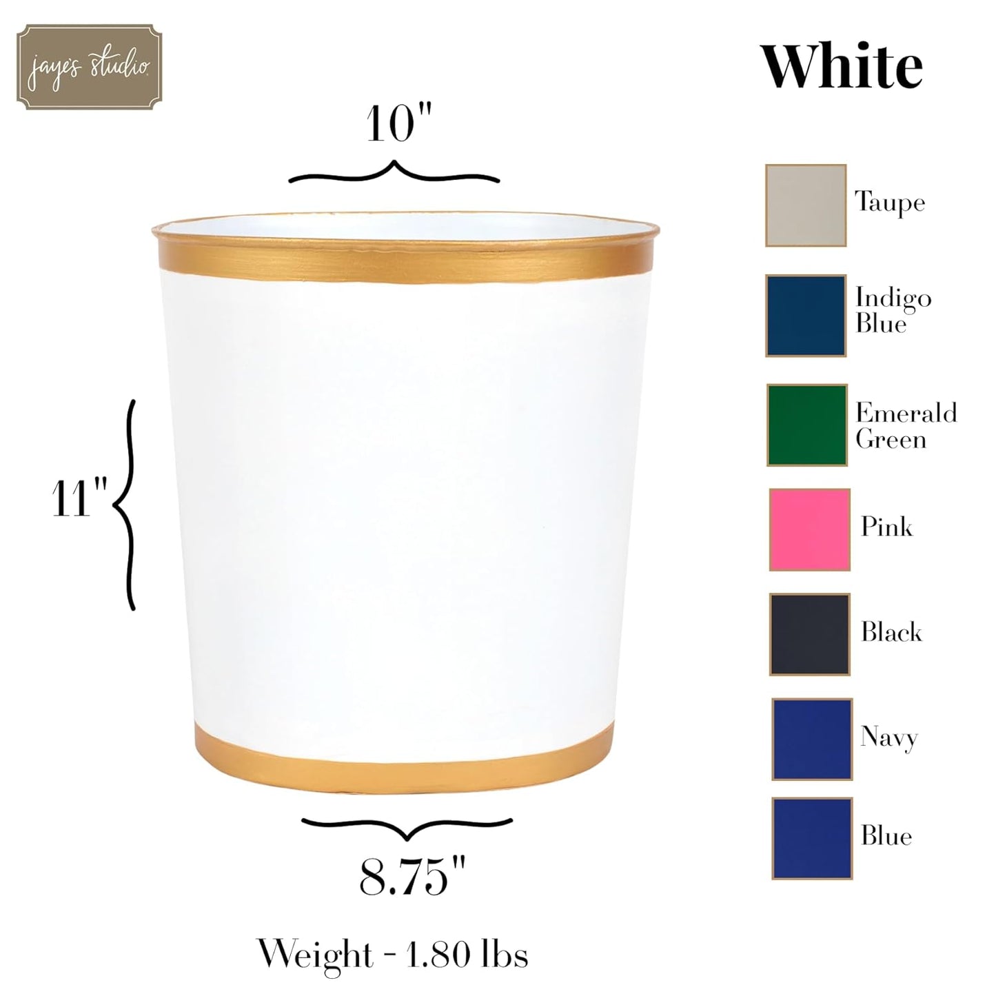 Jaye's Studio Mattie Decorative White and Gold Bathroom Trash Can, Metal Waste Basket Modern, Luxury Trash Bin for Bedroom, Dorm Room, Office Garbage Can, Oval Decorative Trash Bins (12" x 10" x 8")