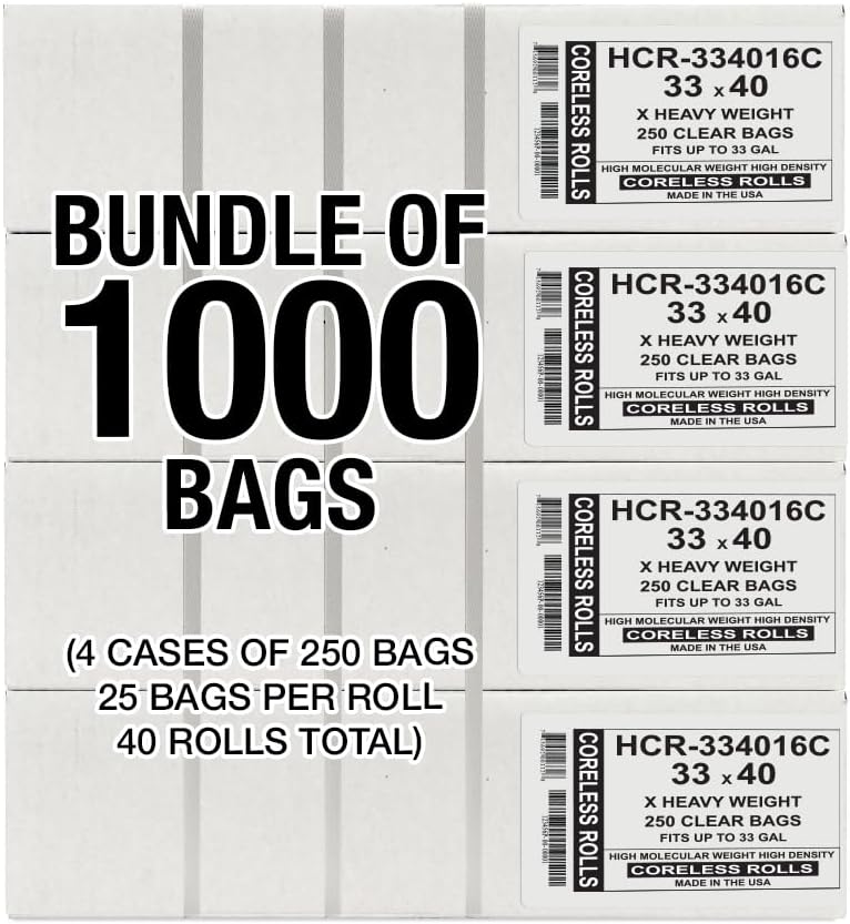 Aluf Plastics High Density Trash Bags, 33 Gallon, 1000 Count, 16 Micron (eq), 33" x 40", Clear, for Bathroom, Office, Industrial, Commercial, Janitorial, Municipal, Recycling