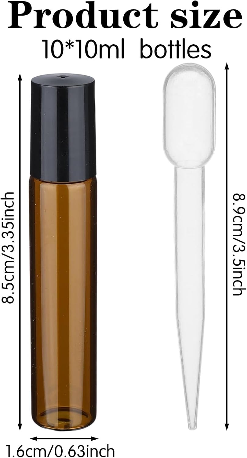 10pcs Amber Essential Oil Roller Bottles, 10ml Roller Bottles for Essential Oils, Refillable Roller Balls for Essential Oils, with Stainless Steel Roller Balls, 2 Droppers for Travel, Perfume and Lip