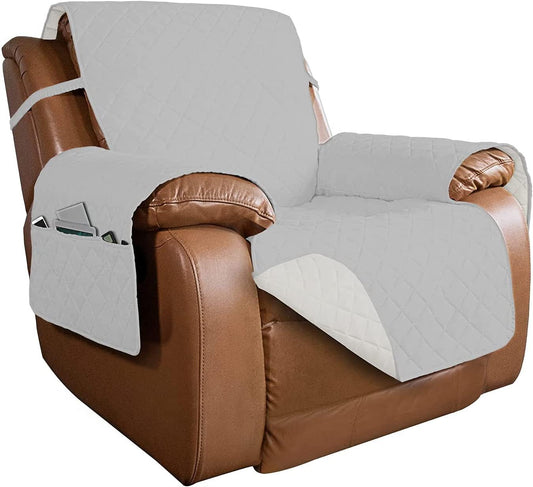 PureFit Reversible Quilted Sofa Cover, Water Resistant Slipcover Furniture Protector, Washable Couch Cover with Non Slip and Elastic Straps for Kids, Dogs (Oversized Recliner, Light Gray/Ivory)