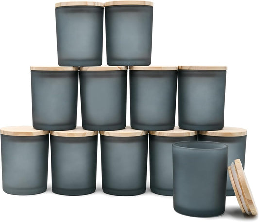 Thick Candle Jars for Making Candles 12 Pcs, 7 OZ Empty Jars with Wood Lids for Candle Making, Sample Container, Frosted Grey