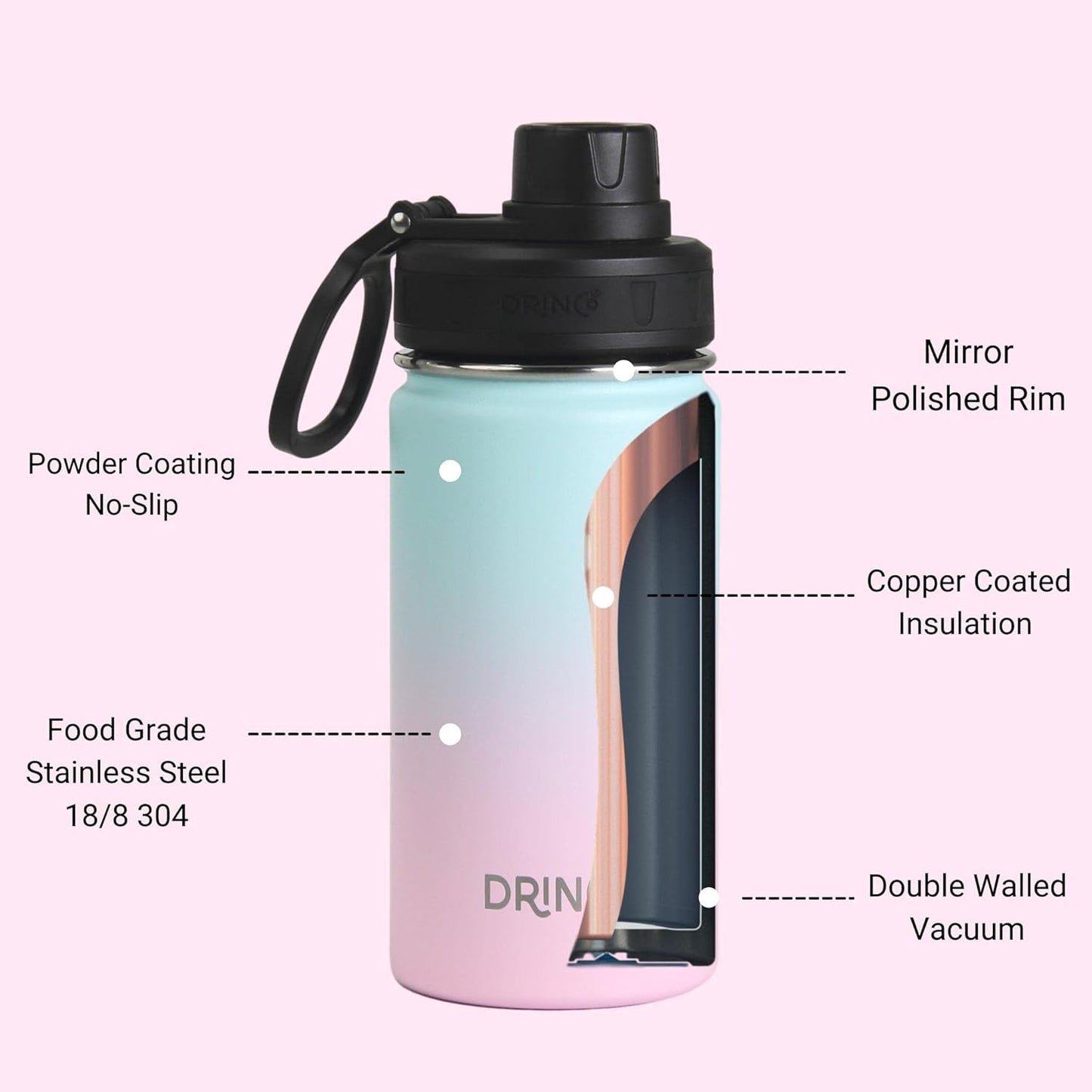 DRINCO Stainless Steel Water Bottle Spout Lid Vacuum Insulated Double Wall Water Bottle Wide Mouth (40oz 32oz 22oz 18oz 14oz) Leak Proof Keeps Cold or Hot (14 oz, 14oz Macaron)