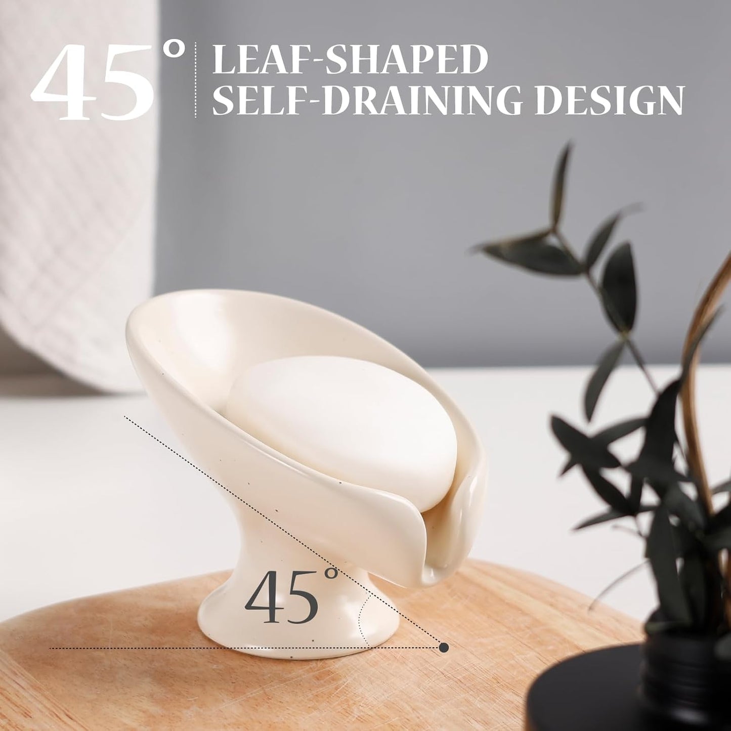 Soap Dish, Self Draining Bar Soap Holder for Bathroom Sink, Leaf Shaped Drainage Ceramic Speckled Soap Dish Porcelain Decorative Soap Dishes, ANTIS'S HOME