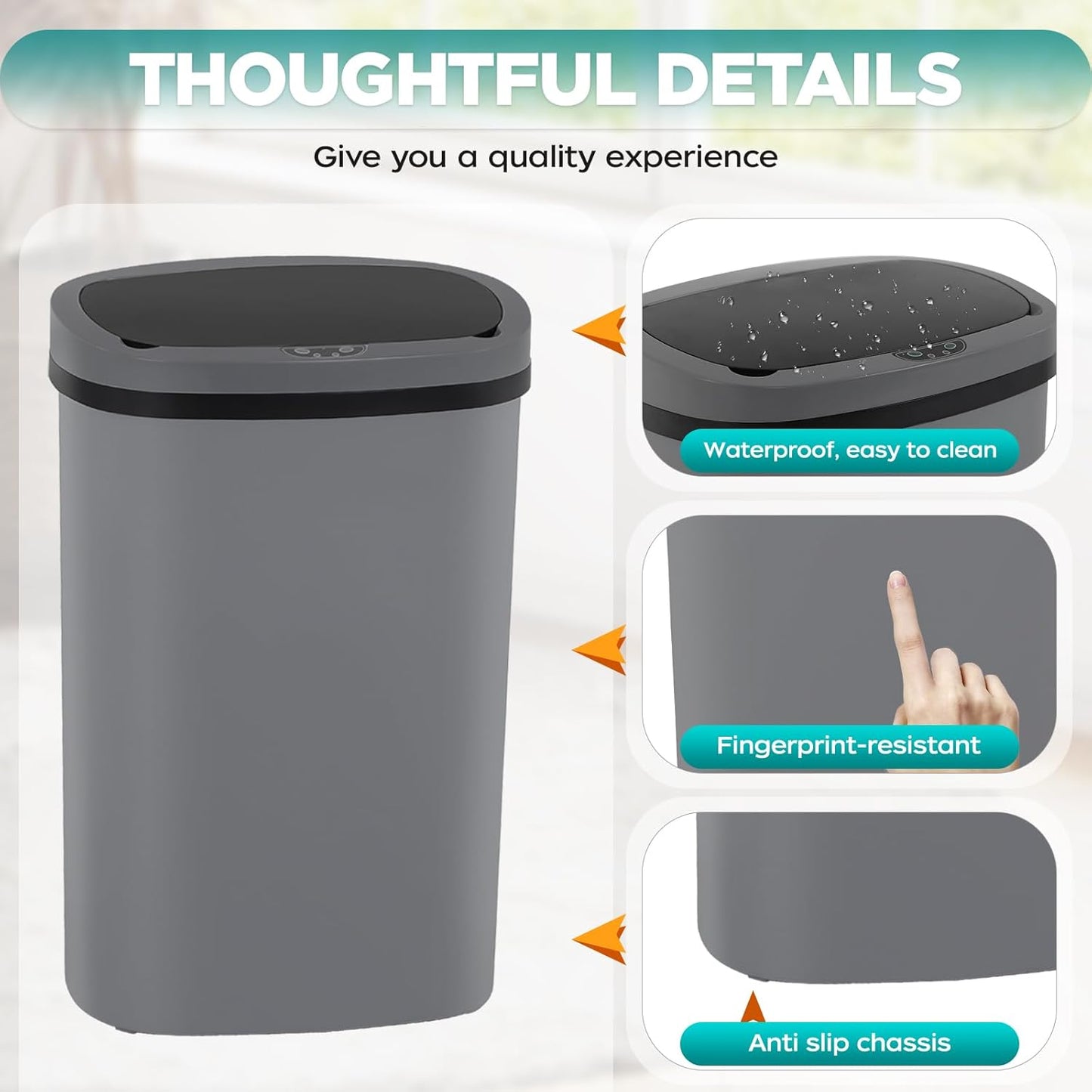 Automatic Motion Sensor Bathroom Trash Can with Lid, 13 Gallon Touchless Trash Bin, Smart Dog Proof Garbage Can, Touch Free Waste Basket for Toilet, Office, Bedroom,Gray