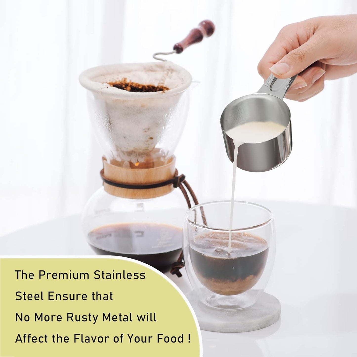 2PCS 2/3Cup (160ml, 5.3oz) Single Measuring Cup, Stainless Steel Measure Scoop, Metric and US Measurement, Dishwasher Safe