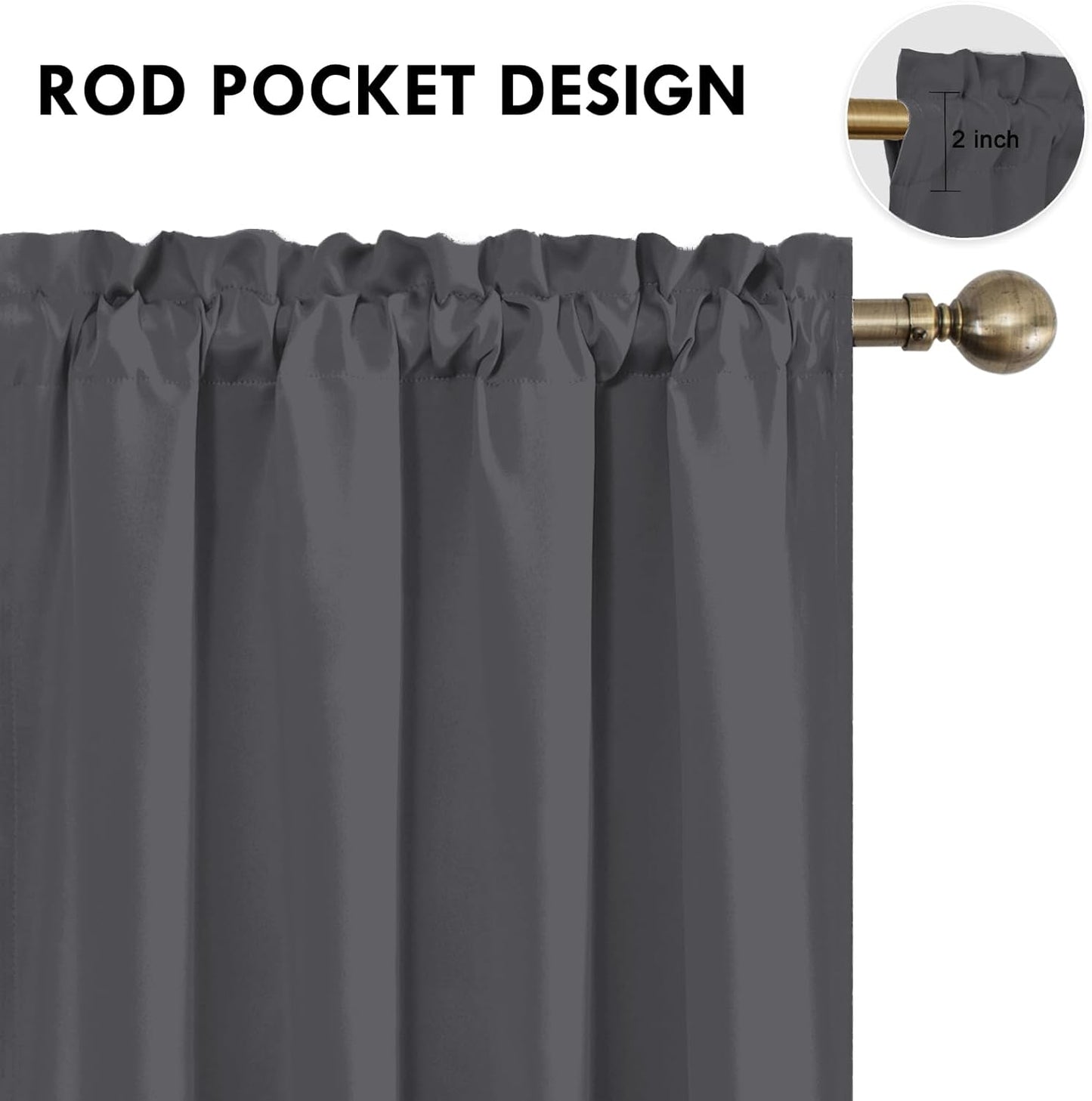 DWCN Blackout Curtains for Bedroom 63 Inch Length 2 Panels Set, Solid Thermal Insulated Energy Saving Rod Pocket Window Treatment Curtains Blackout Drapes (W52 x L63 Inch, Dark Grey)
