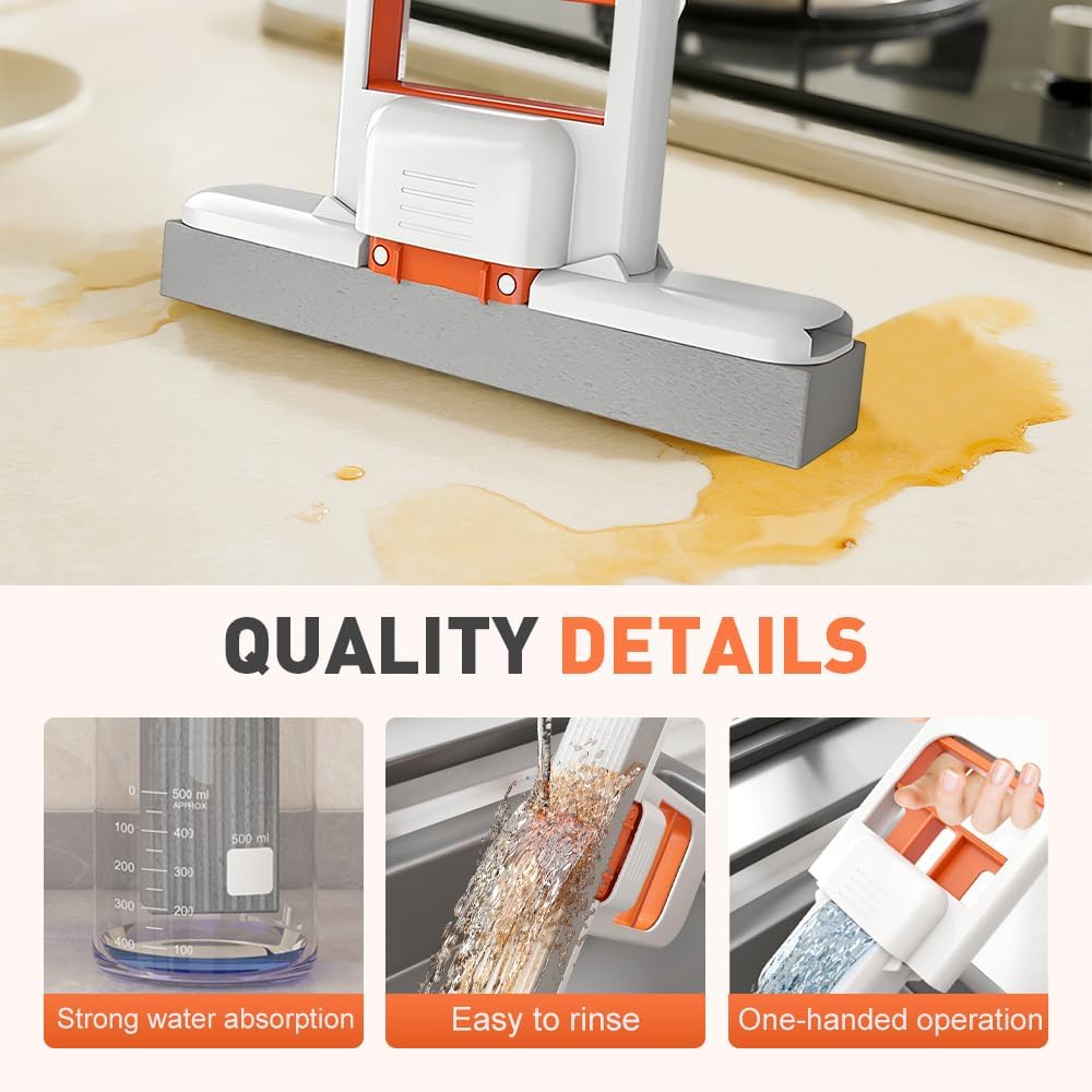Mini Foldable Desktop Mop, Wet and Dry Portable Cleaning Sponge Mop,Self Squeezing Mini Sponge Mop with One Replaceable Head,for Small Spaces,Bathroom,Kitchen,Glass (Orange+Black)