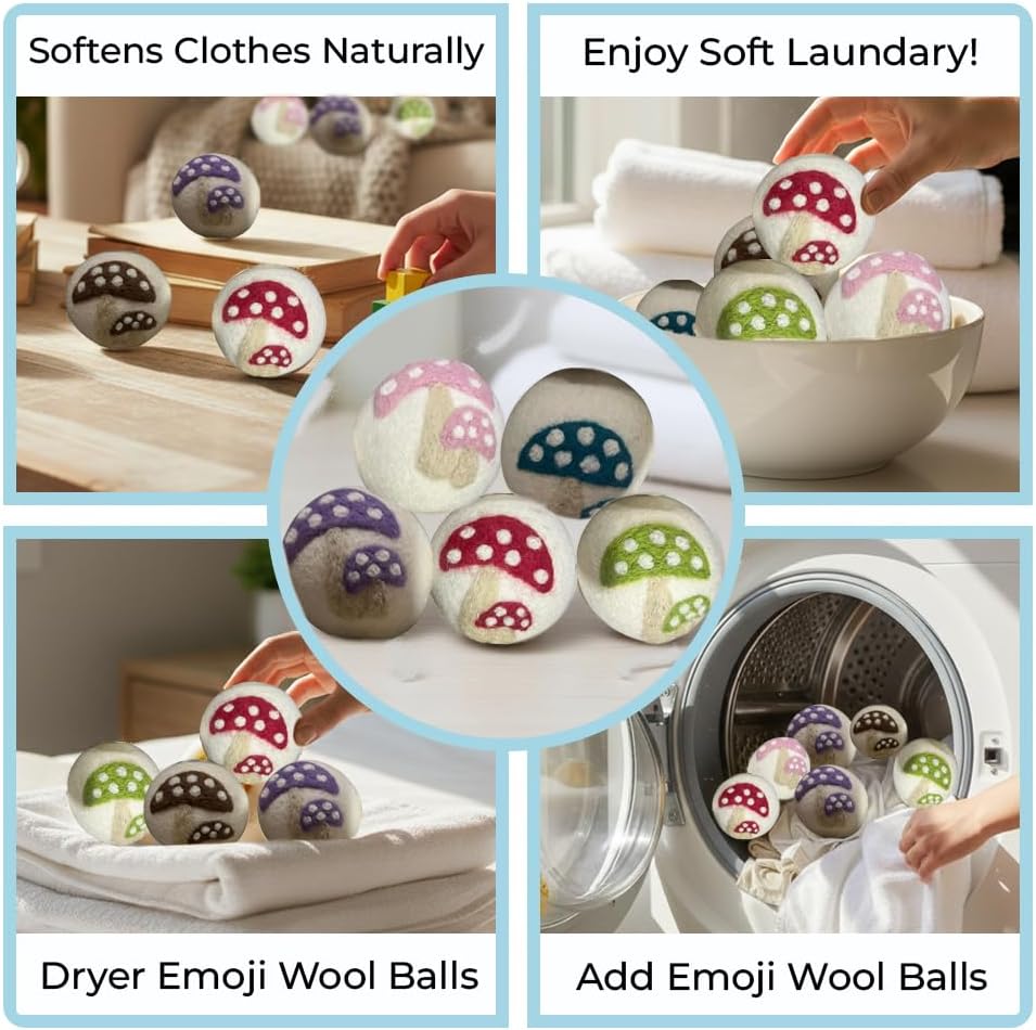 Ezhippie Quality Wool Dryer Balls - 6 XL Mushroom Pack - 1000+ Loads - Pure Organic Wool - Reusable Natural Fabric Softener Perfect with Essential Oils, Reduce Clothing Static and Wrinkles