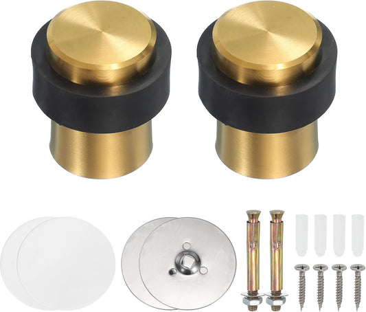PATIKIL 2Set Round Door Stoppers, 46mm Stainless Steel Door Stop Doorstop Wedge Metal Cylinder Self Adhesive with Screw for Bottom of Door Floor Inside, Gold Tone