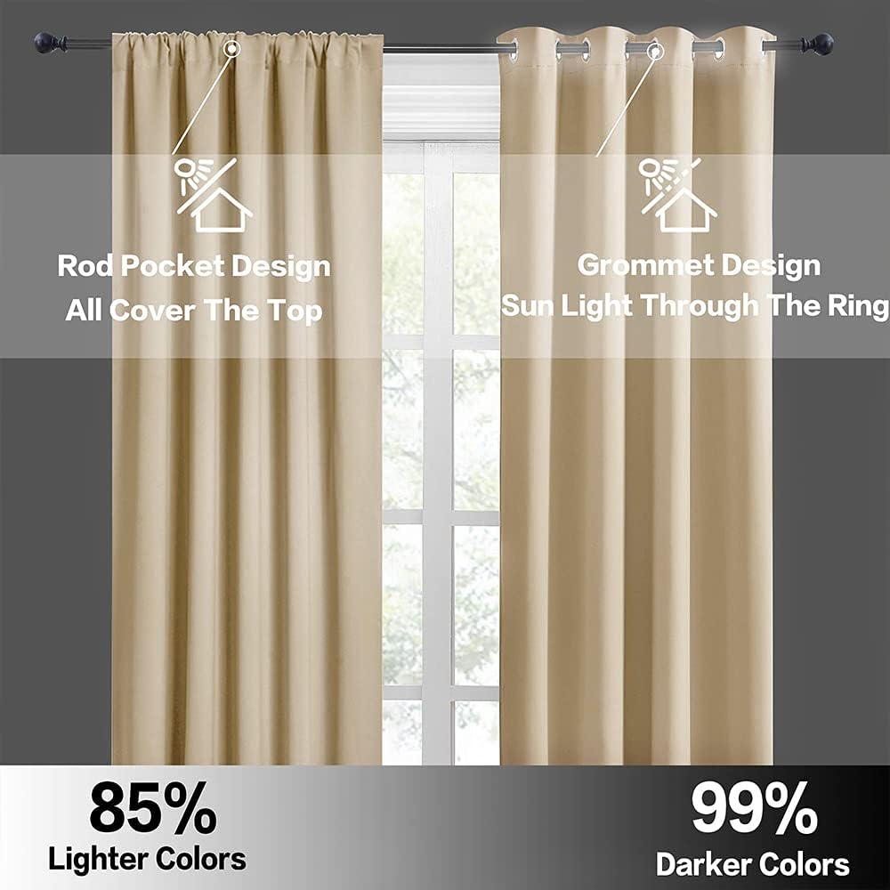 RYB HOME Blackout Curtains 63 inches Long - Energy Saving Insulation Large Window Curtain Blinds for Bedroom Living Room Dining Basement Home Office, W 62 x L 63 per Panel, Biscotti Beige, 2 Pcs