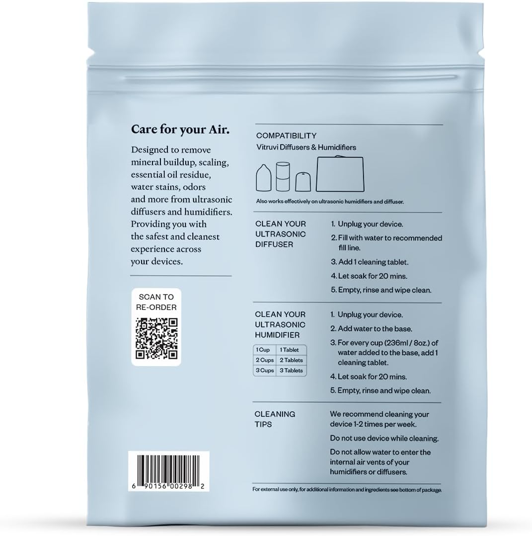 VITRUVI Cleaning Tablets for Diffusers & Humidifiers | Removes Stains & Residue, Prevents Buildup, Enhances Performance | Easy to Use | Made in USA - Pack of 18