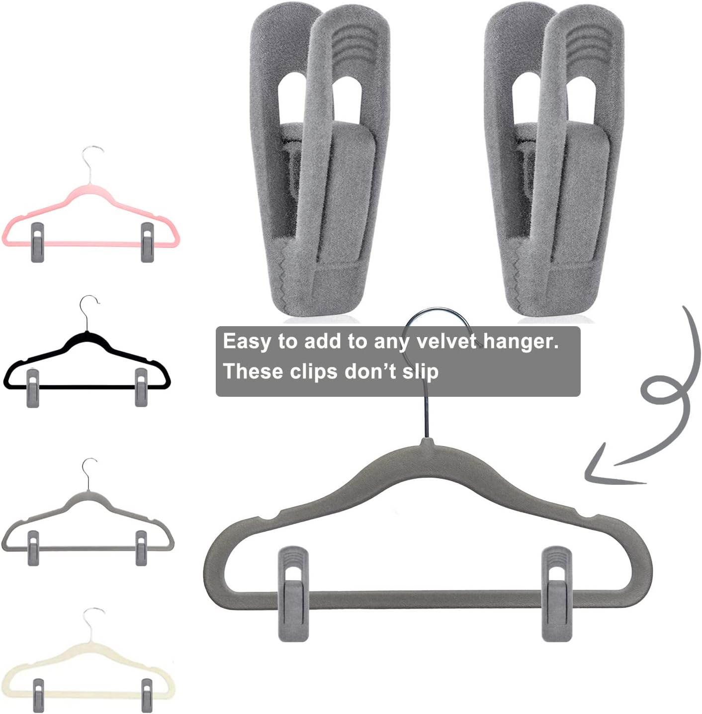 Grey Velvet Hangers Clips (50-Pack), Non-Slip Velvet Skirt Hanger Clips for Velvet Hangers, Strong Finger Clips Perfect for Kids Velvet Hangers Skirt Pant Clothes Gray Velvet Hangers