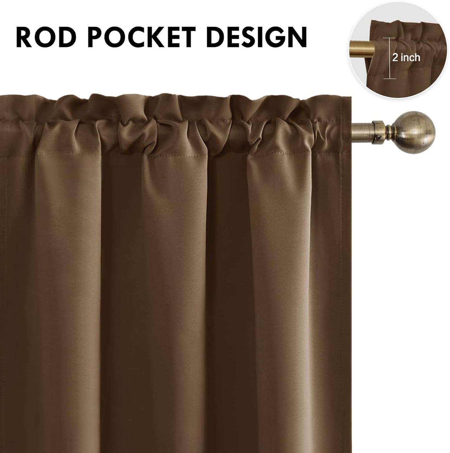DWCN Brown Room Darkening Blackout Curtains - Rod Pocket Thermal Insulated Privacy Energy Saving Window Curtain Drapes 42x 72 inch Length, Set of 2 Bedroom Living Room Curtains