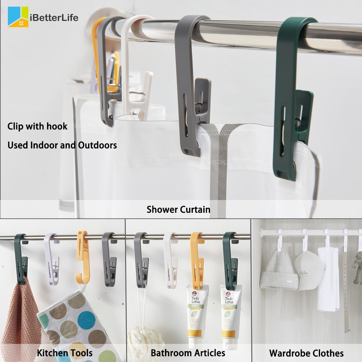 iBetterLife Laundry Hooks Hanging Clips - 4Pcs Heavy Duty Outdoor Clothes Pins, Closet Organizer Single Clip Hangers Clamps Socks Boot Bras Underwear Kids Towels for Bathroom Wardrobe Kitchen Office