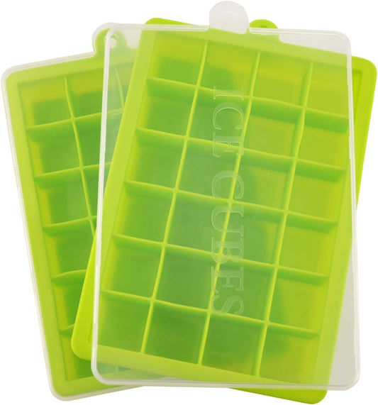 Ice Cube Tray, Silicone Square Ice Trays Easy Release Stackable Ice Cube Mold with Removable Lid, 24 Cavity (2 Pack, Green)