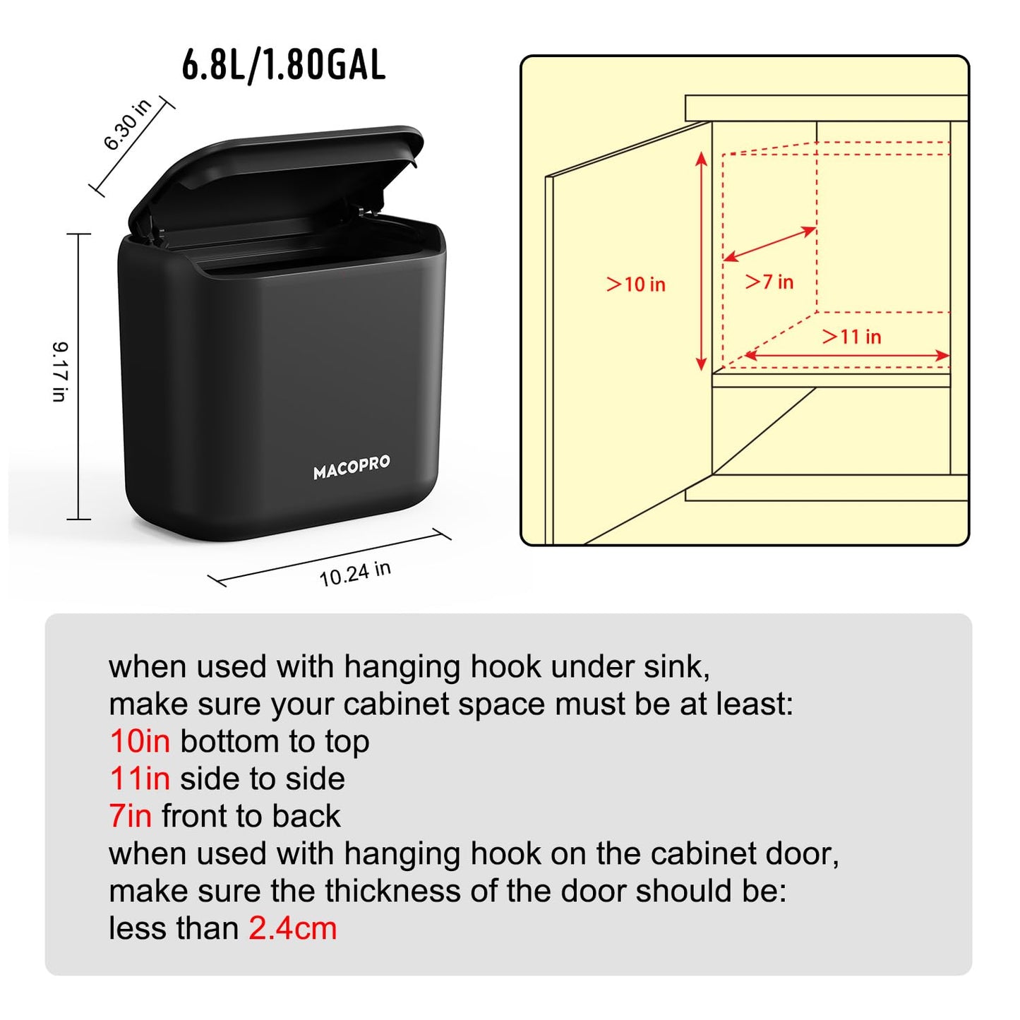 Hanging Small Trash Can with Lid Under Sink for Kitchen, Food Waste Bin for Countertop Compost Bin with Lid, Wall Mount Mountable Garbage Can for Bathroom, RV, 6.8L/1.8 Gal