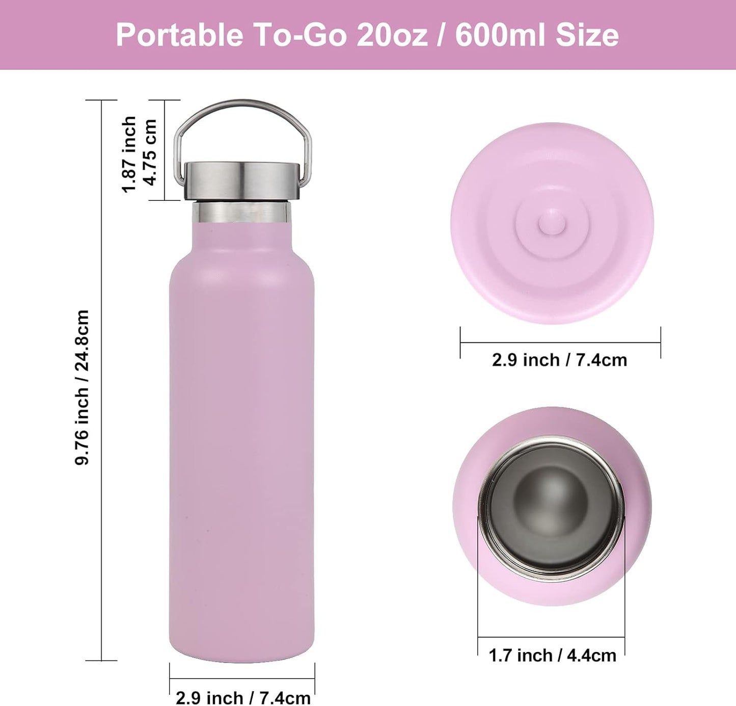Neihepal Pink Stainless Steel Water Bottles,20 Ounce Vacuum Insulated Double Wall Travel Bottle with Leak Proof Lid of Handle,Metal Reusable Standard Mouth Flask Thermoses for School,Hikers,Gift