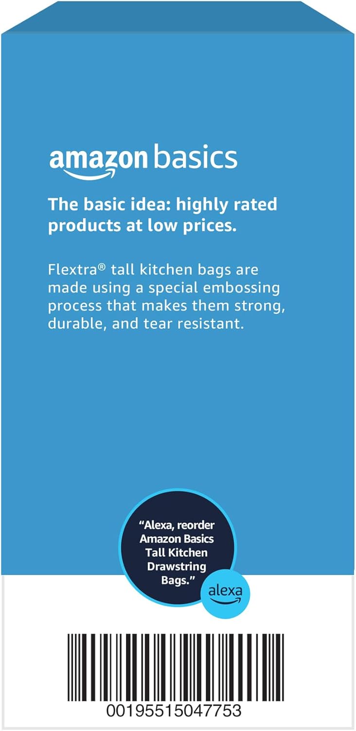 Amazon Basics 13 Gallon Flextra Strength Tall Kitchen Drawstring Trash Bags, Clean Fresh Scnet, Tear Resistant, 10% Post Consumer Recycled, 120 Count