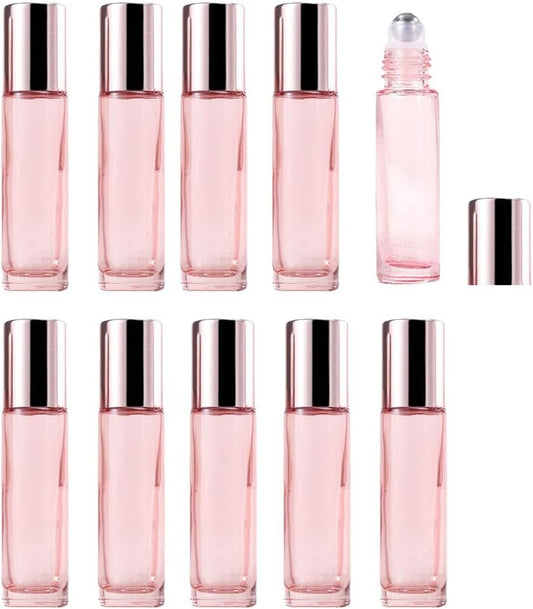 10 Pack Glass Essential Oil Roller Bottle,10ml Pink GlassRoller Bottles with Stainless Steel Roller Balls,Refillable Massage Roller Bottle Perfume Bottles for Travel