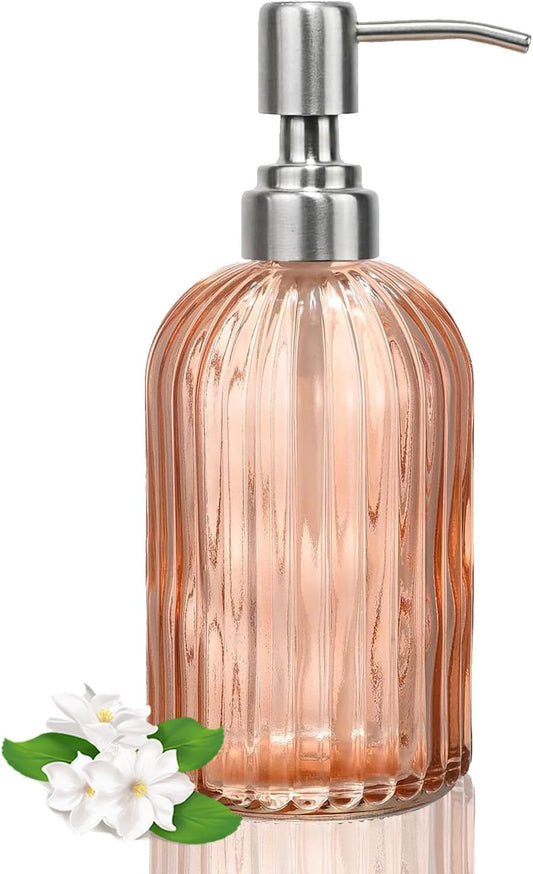 14Oz Amber Soap Dispenser Bathroom, Clear Glass Hand Soap Dispensers with Stainless Steel Pump, Refillable Dish Soap Dispenser for Kitchen, Countertop Soap Dispensers