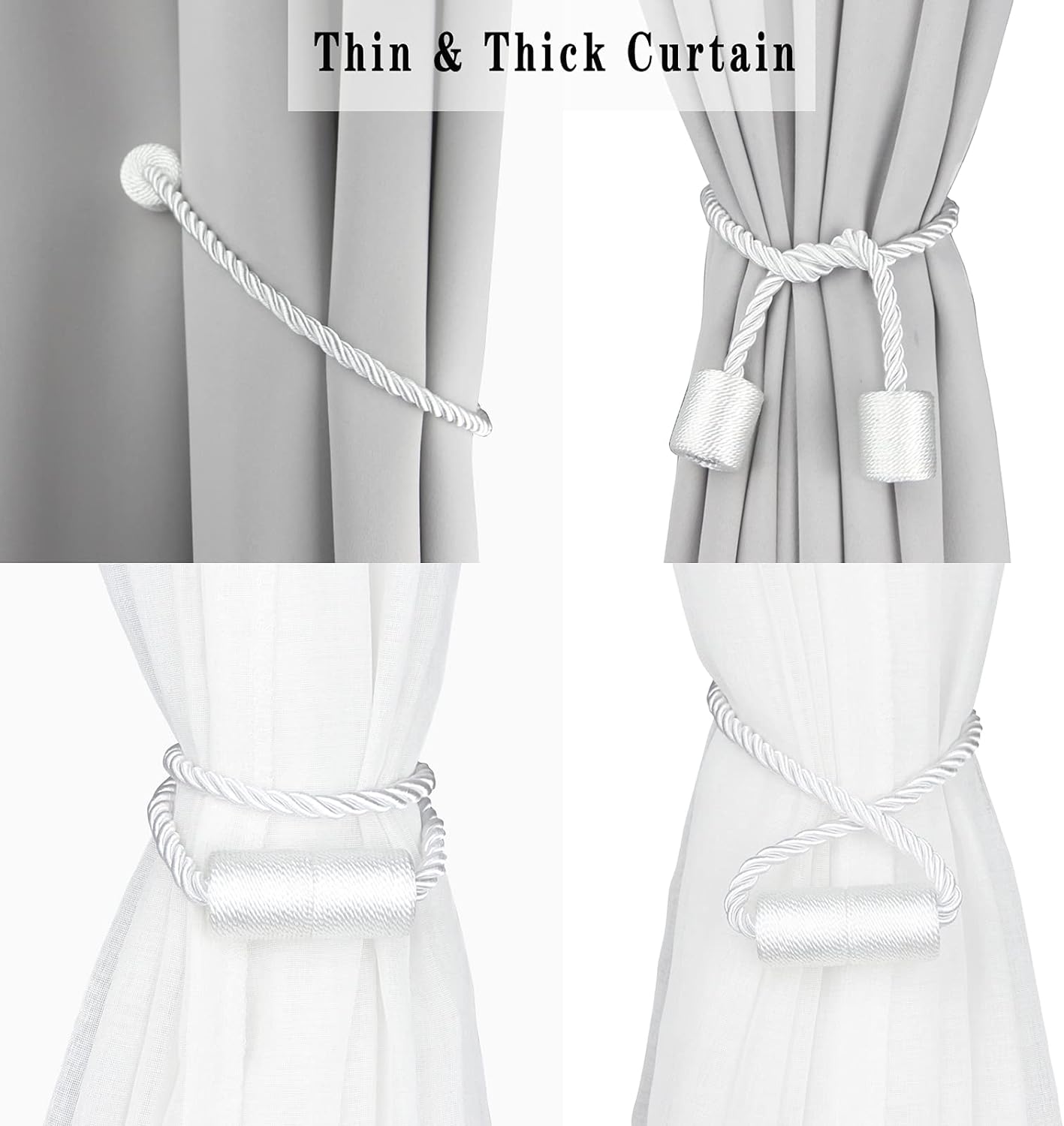 6 Pack White Strong Magnetic Curtain Tiebacks Outdoor Elegant Decorative Tie Backs Modern Rope Tiebacks for Drapes Window Curtain Holdbacks for Draperies