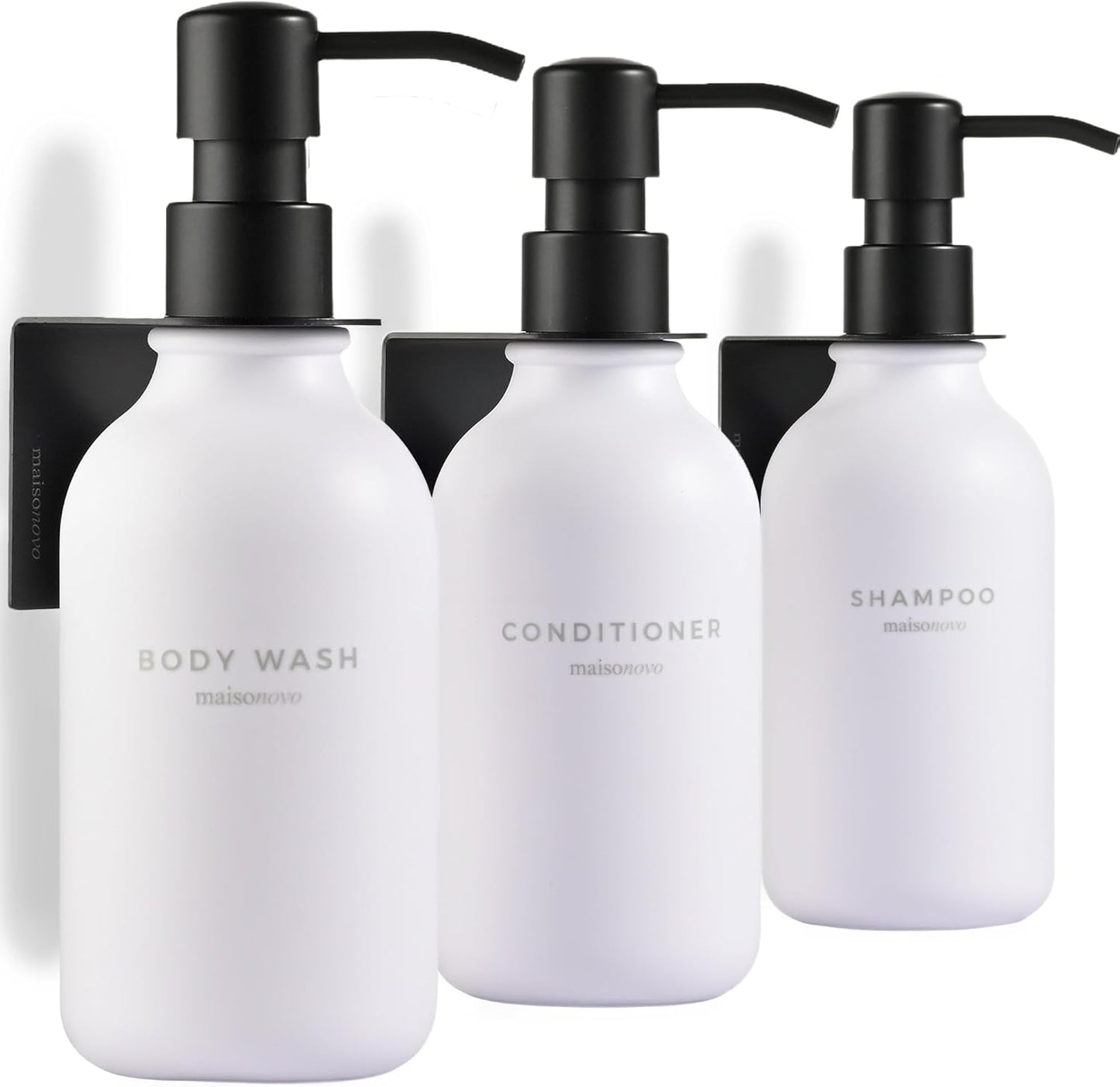 MaisoNovo Shampoo and Conditioner Dispenser - Shower Soap Dispenser Wall Mounted - 16.9 fl oz Set of 3 White Plastic Bottles Black Pump - 3 Chamber No Drill