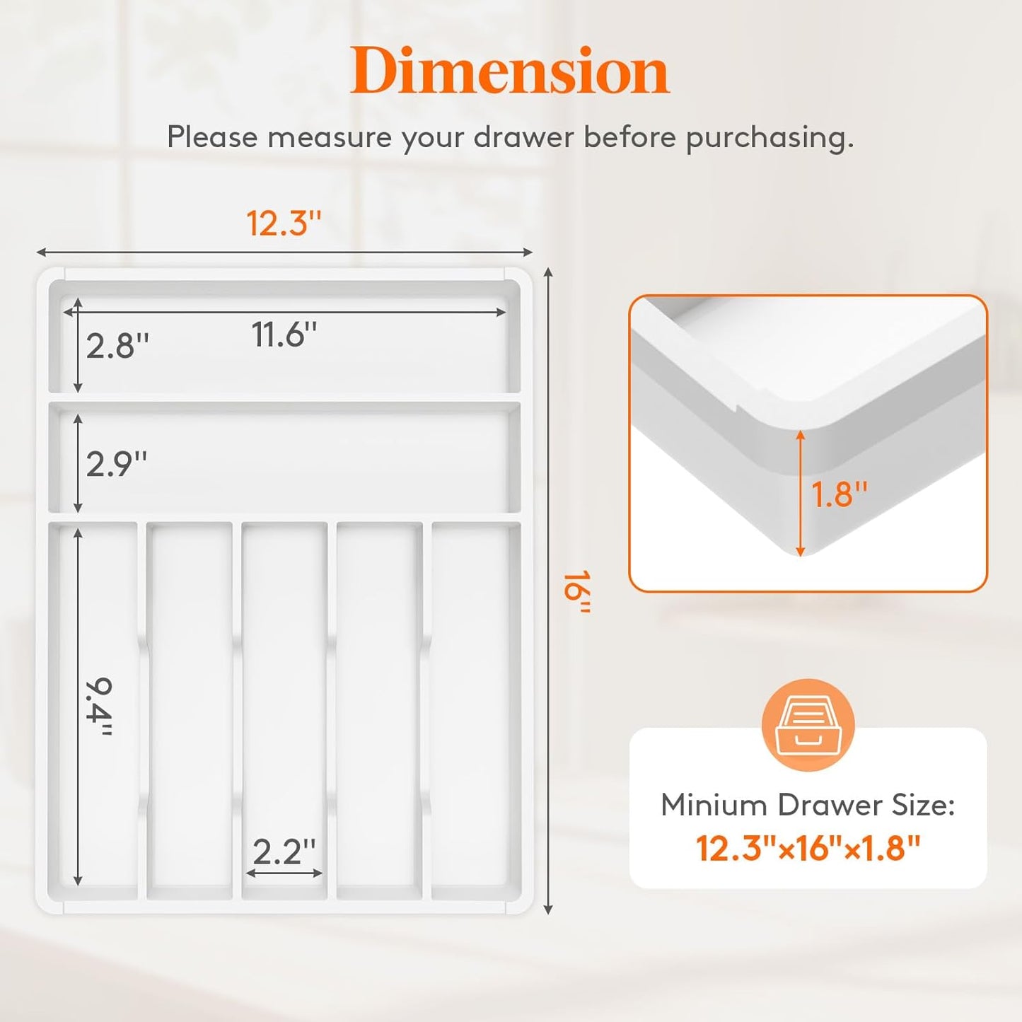 Lifewit Silverware Tray, Deep Wide Cutlery Drawer Organizer Storage for Kitchen, Plastic Flatware Utensil Holder Divider for Spoons Forks Knives Tableware, 7 Compartment, White
