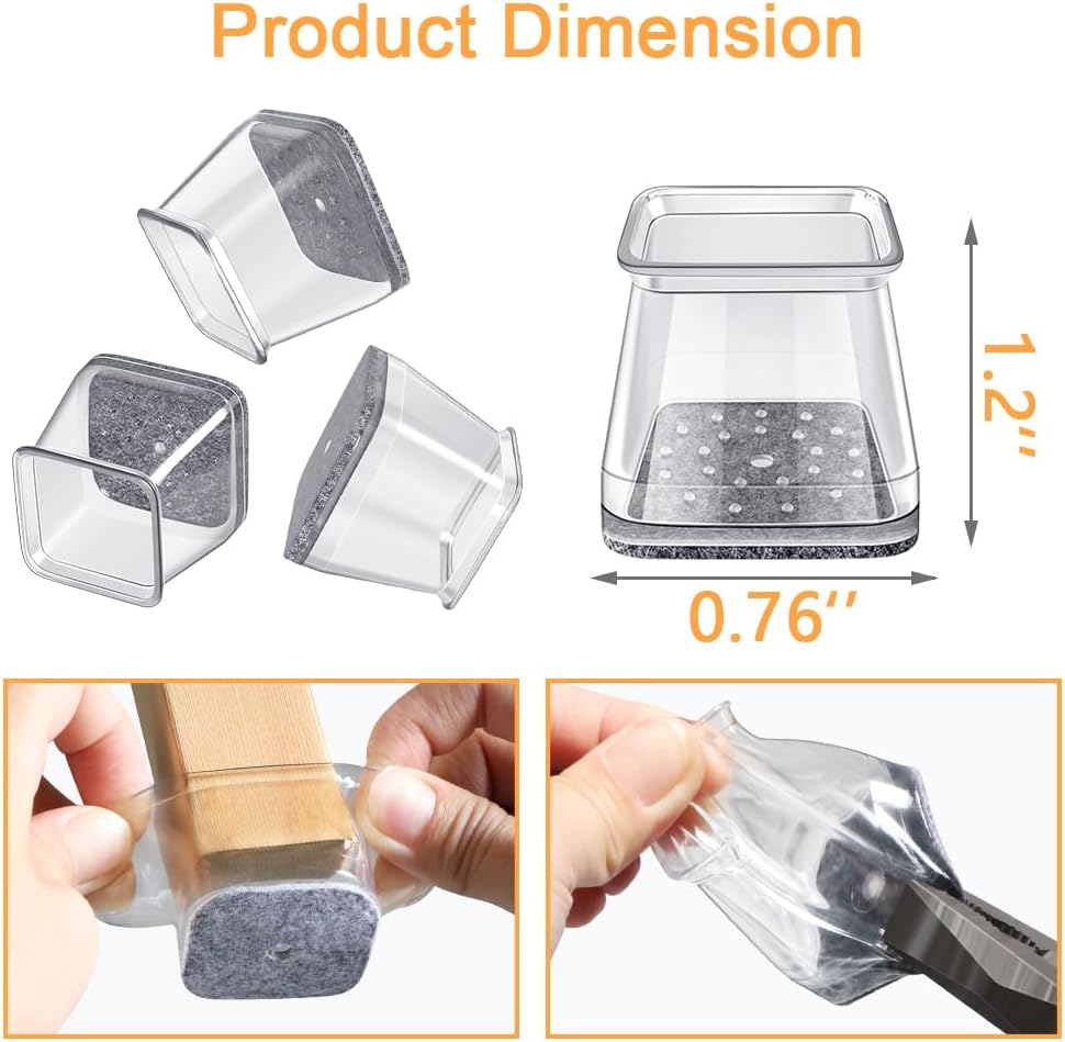 32 Pcs Square Chair Leg Protectors for Hardwood Floors,Felt Furniture Floor Protectors with Silicone Caps, Small Size (Fits Chair Legs with Side Length: 3/4" to 1")